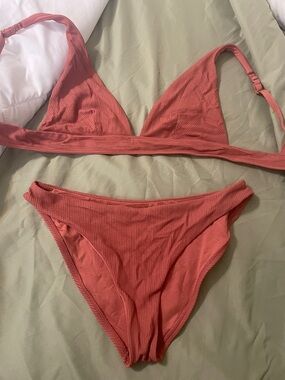 Shade & Shore Ribbed Triangle Bikini Set in Coral